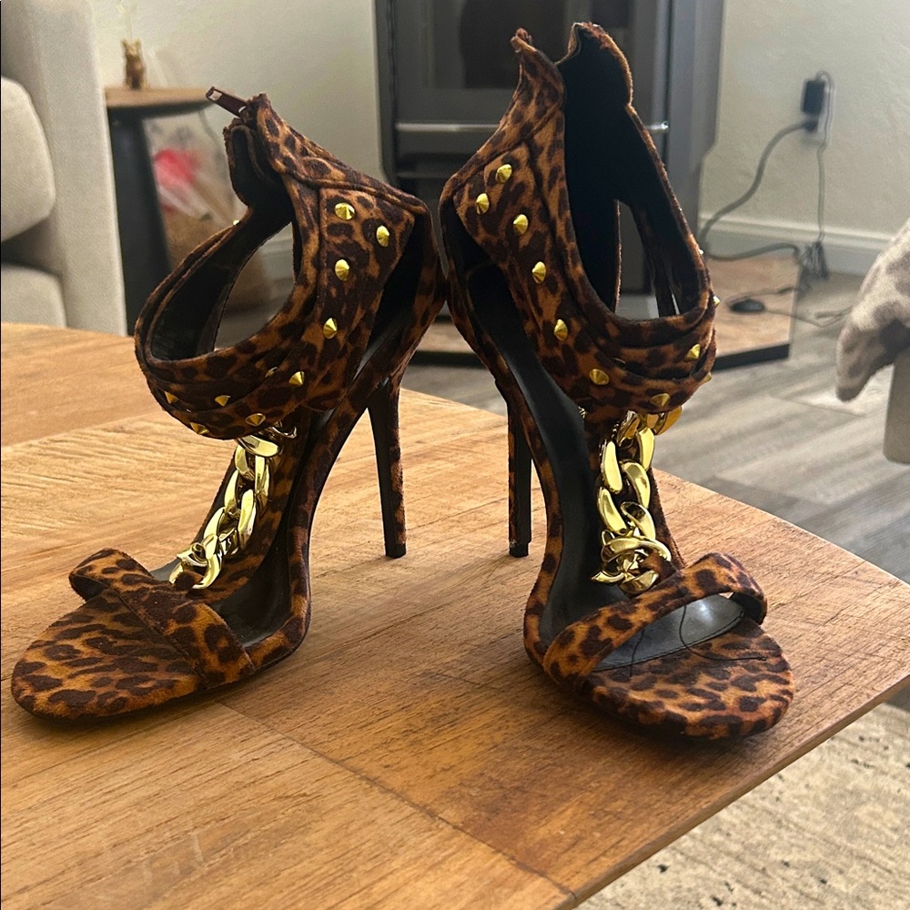 Wild Diva Leopard Print High Heel Sandals with Gold Chain